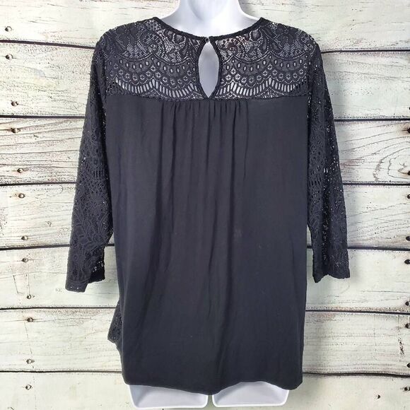 Maurices Women's XL Black Lace Overlay Top 3/4 Sleeve Sheer Floral Knit Blouse - Picture 3 of 8
